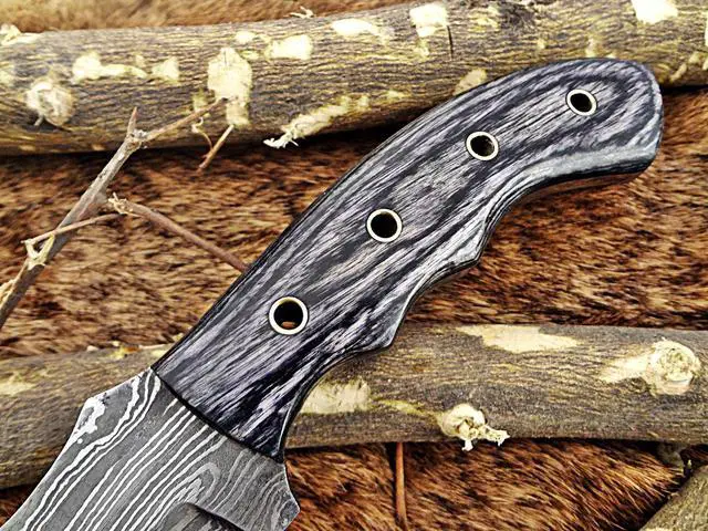 Alt view image 6 of 7 - 10" Long hand forged twist pattern full tang hand forged Damascus steel tracker knife, dollar wood with holes scale, Cow hide leather sheath