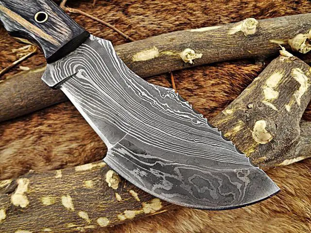 Alt view image 7 of 7 - 10" Long hand forged twist pattern full tang hand forged Damascus steel tracker knife, dollar wood with holes scale, Cow hide leather sheath