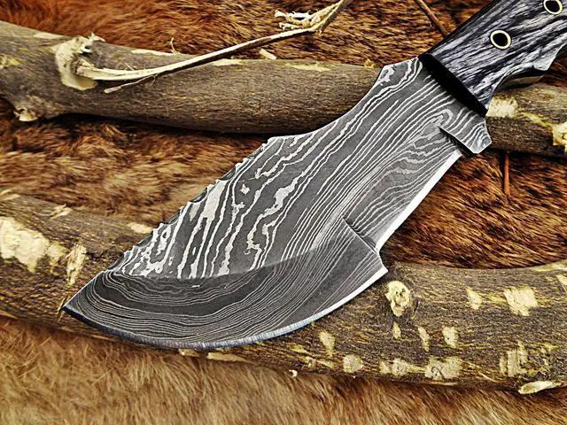 Alt view image 5 of 7 - 10" Long hand forged twist pattern full tang hand forged Damascus steel tracker knife, dollar wood with holes scale, Cow hide leather sheath