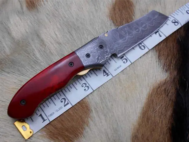 Alt view image 3 of 5 - Hand forged Damascus steel 7.8" folding custom Ledder patren knife 3.5" Blade Colored Bone & Damascus bolster scale cow leather sheath