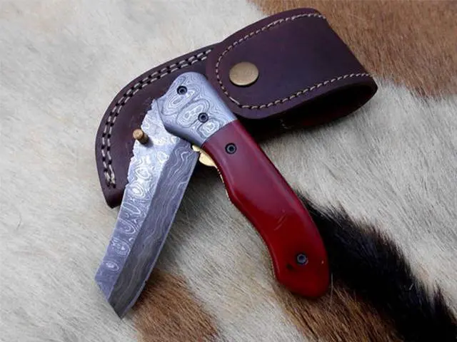 Alt view image 2 of 5 - Hand forged Damascus steel 7.8" folding custom Ledder patren knife 3.5" Blade Colored Bone & Damascus bolster scale cow leather sheath