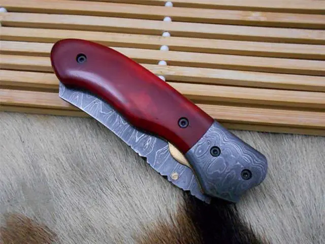 Alt view image 5 of 5 - Hand forged Damascus steel 7.8" folding custom Ledder patren knife 3.5" Blade Colored Bone & Damascus bolster scale cow leather sheath