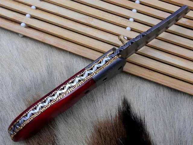 Alt view image 4 of 5 - Hand forged Damascus steel 7.8" folding custom Ledder patren knife 3.5" Blade Colored Bone & Damascus bolster scale cow leather sheath