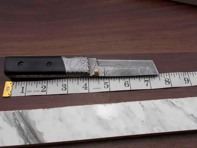 Alt view image 3 of 7 - Hand forged Damascus steel Tanto blade folding knife, 7.5" long custom made knife with 3.5" blade & thumb knob, available in various colors scale, cow hide leather sheath with belt loop included