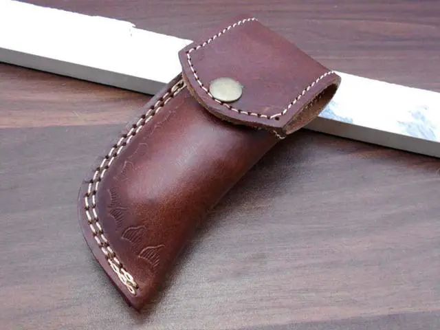 Alt view image 4 of 7 - Hand forged Damascus steel Tanto blade folding knife, 7.5" long custom made knife with 3.5" blade & thumb knob, available in various colors scale, cow hide leather sheath with belt loop included