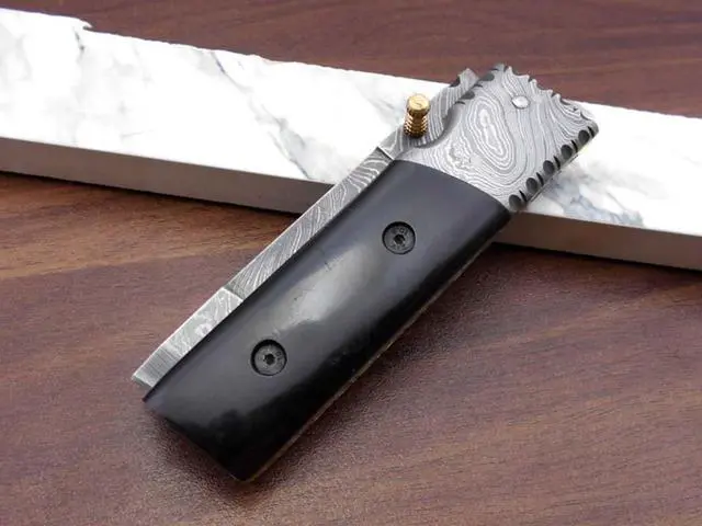 Alt view image 5 of 7 - Hand forged Damascus steel Tanto blade folding knife, 7.5" long custom made knife with 3.5" blade & thumb knob, available in various colors scale, cow hide leather sheath with belt loop included