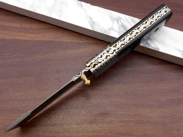 Alt view image 7 of 7 - Hand forged Damascus steel Tanto blade folding knife, 7.5" long custom made knife with 3.5" blade & thumb knob, available in various colors scale, cow hide leather sheath with belt loop included