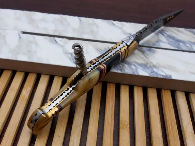 Alt view image 2 of 7 - 8 Inches long Damascus steel Hand Forged Lagouile Folding Knife W/wine opener, Corkscrew, Bull horn camel bone & brass scale, Cow leather sheath with Belt loop