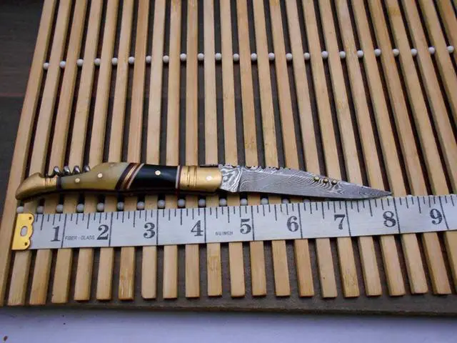 Alt view image 7 of 7 - 8 Inches long Damascus steel Hand Forged Lagouile Folding Knife W/wine opener, Corkscrew, Bull horn camel bone & brass scale, Cow leather sheath with Belt loop