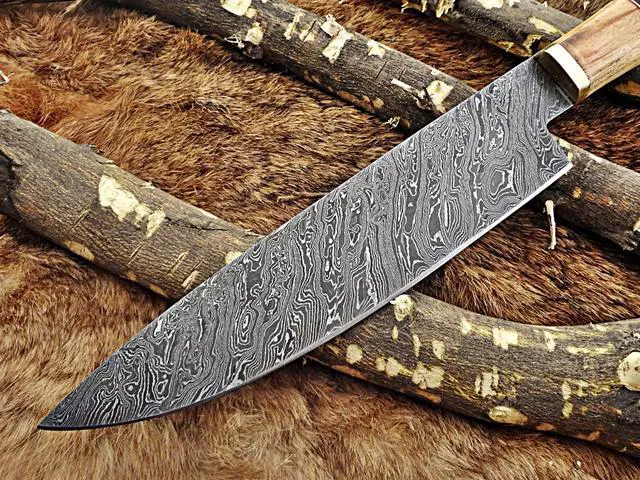 Alt view image 5 of 6 - 13.5 Inches long custom made Damascus steel chef Knife 8" full tang blade Kow wood scale with brass spacer and bull horn round scale
