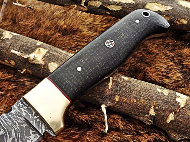 8.8 Long hand forged Twist pattern full tang Damascus steel Butcher Knife,  Ram horn scale with bolster, thick Cow hide leather sheath 