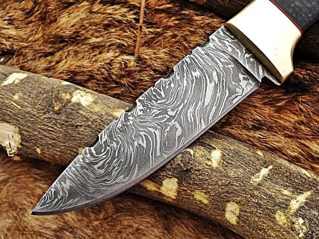 Alt view image 4 of 6 - 9" Long hand forged Damascus steel Hunting knife, 4" full tang blade, Black Micarta wood Brass bolster, Cow hide Leather sheath