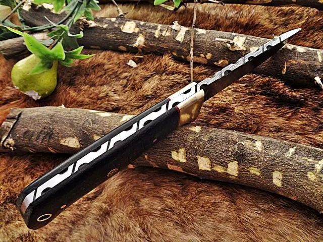 Alt view image 6 of 6 - 9" Long hand forged Damascus steel Hunting knife, 4" full tang blade, Black Micarta wood Brass bolster, Cow hide Leather sheath