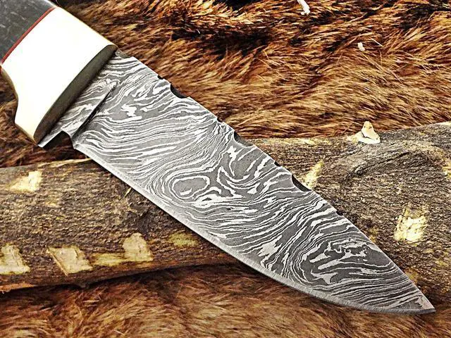 Alt view image 5 of 6 - 9" Long hand forged Damascus steel Hunting knife, 4" full tang blade, Black Micarta wood Brass bolster, Cow hide Leather sheath