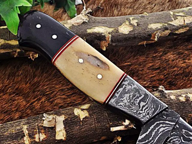 Alt view image 3 of 6 - 9 " Long hand forged Damascus steel full tang skinning Knife, Natural camel Bone and Buffalo Horn scale with Bolster Cow hide Leather sheath