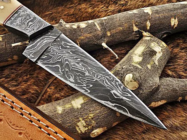 Alt view image 4 of 6 - 9 " Long hand forged Damascus steel full tang skinning Knife, Natural camel Bone and Buffalo Horn scale with Bolster Cow hide Leather sheath