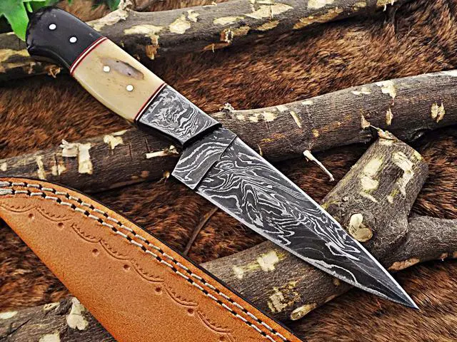 Alt view image 5 of 6 - 9 " Long hand forged Damascus steel full tang skinning Knife, Natural camel Bone and Buffalo Horn scale with Bolster Cow hide Leather sheath