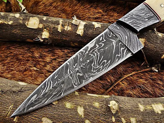 Alt view image 6 of 6 - 9 " Long hand forged Damascus steel full tang skinning Knife, Natural camel Bone and Buffalo Horn scale with Bolster Cow hide Leather sheath