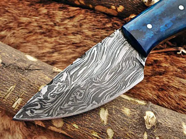 Alt view image 3 of 7 - 6.5" Long hand forged compact Knife, full tang Damascus steel 3" drop point blade, blue colored Bone scale, Cow hide Leather sheath