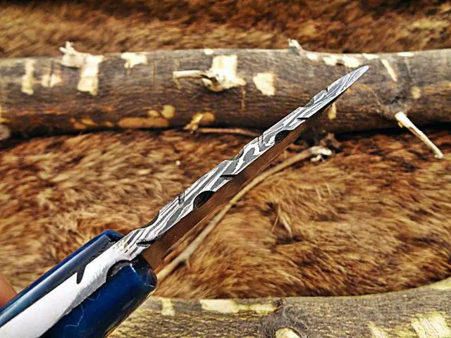 Alt view image 4 of 7 - 6.5" Long hand forged compact Knife, full tang Damascus steel 3" drop point blade, blue colored Bone scale, Cow hide Leather sheath