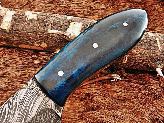 Alt view image 6 of 7 - 6.5" Long hand forged compact Knife, full tang Damascus steel 3" drop point blade, blue colored Bone scale, Cow hide Leather sheath