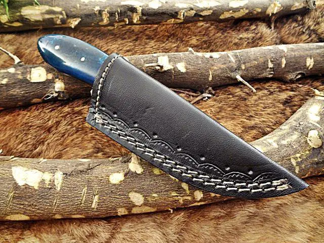 Alt view image 7 of 7 - 6.5" Long hand forged compact Knife, full tang Damascus steel 3" drop point blade, blue colored Bone scale, Cow hide Leather sheath