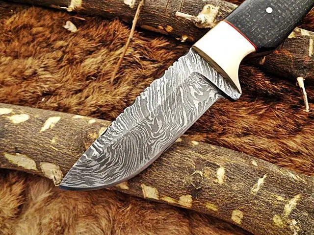 Alt view image 3 of 7 - 8" Long hand forged hunting Knife, 4" full tang Damascus steel blade, 2 tone Micarta wood with inserting hole, Cow hide Leather sheath