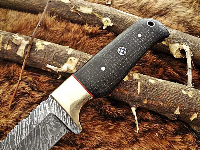 Alt view image 2 of 7 - 8" Long hand forged hunting Knife, 4" full tang Damascus steel blade, 2 tone Micarta wood with inserting hole, Cow hide Leather sheath