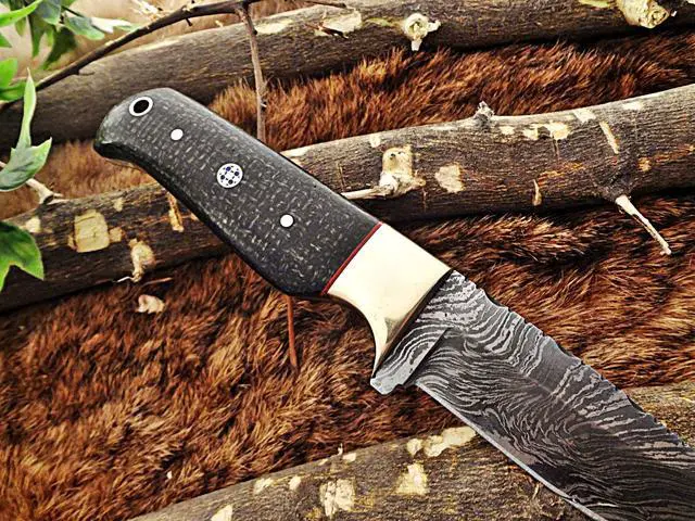 Alt view image 5 of 7 - 8" Long hand forged hunting Knife, 4" full tang Damascus steel blade, 2 tone Micarta wood with inserting hole, Cow hide Leather sheath