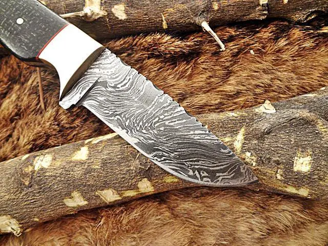 Alt view image 6 of 7 - 8" Long hand forged hunting Knife, 4" full tang Damascus steel blade, 2 tone Micarta wood with inserting hole, Cow hide Leather sheath
