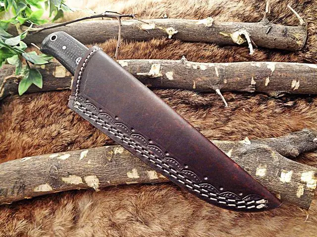 Alt view image 7 of 7 - 8" Long hand forged hunting Knife, 4" full tang Damascus steel blade, 2 tone Micarta wood with inserting hole, Cow hide Leather sheath