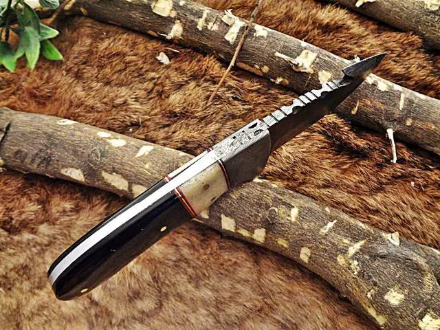 Alt view image 5 of 7 - 8"Long gut hook skinning Knife, hand forged Damascus steel, full tang blade, Bull horn camel bone & Damascus bolster, cow leather sheath
