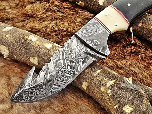 Alt view image 6 of 7 - 8"Long gut hook skinning Knife, hand forged Damascus steel, full tang blade, Bull horn camel bone & Damascus bolster, cow leather sheath
