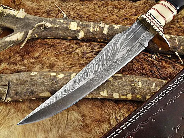 Alt view image 4 of 6 - 13.5" Long hand forged Damascus steel Hunting Knife, Camel bone, Bull horn and engraved brass round scale, Cow hide Leather sheath