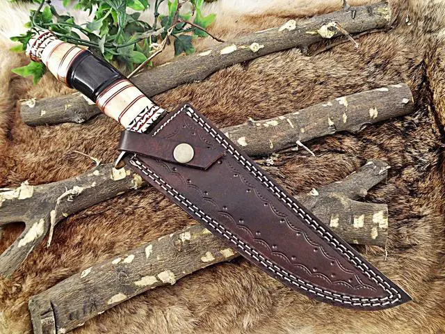 Alt view image 5 of 6 - 13.5" Long hand forged Damascus steel Hunting Knife, Camel bone, Bull horn and engraved brass round scale, Cow hide Leather sheath