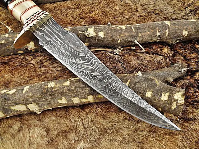 Alt view image 6 of 6 - 13.5" Long hand forged Damascus steel Hunting Knife, Camel bone, Bull horn and engraved brass round scale, Cow hide Leather sheath