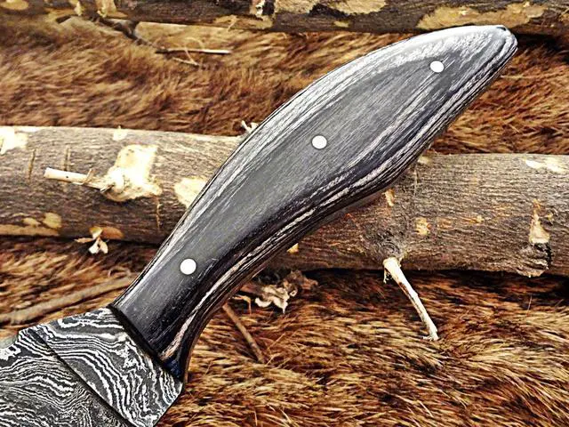 Alt view image 5 of 7 - 9" Long Damascus steel skinning knife, 4.5" hand forged full tang blade with 4" cutting, 2 tone Dollar wood Scale, cow hide Leather sheath