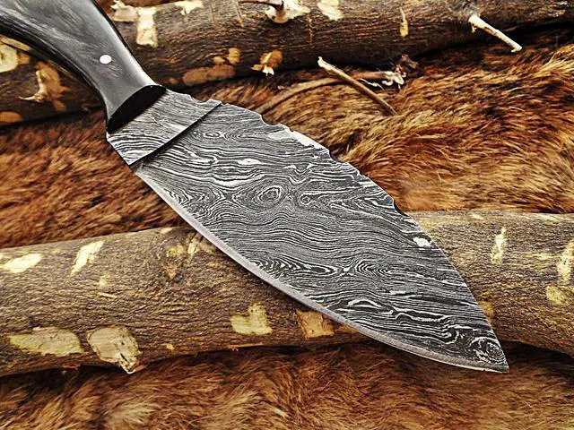 Alt view image 7 of 7 - 9" Long Damascus steel skinning knife, 4.5" hand forged full tang blade with 4" cutting, 2 tone Dollar wood Scale, cow hide Leather sheath