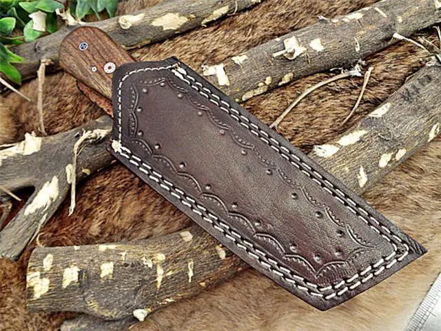 Alt view image 2 of 4 - 8" Long hand forged Damascus steel full tang Tanto blade custom made hunting Knife, Rose wood with Damascus Bolster, Cow leather sheath