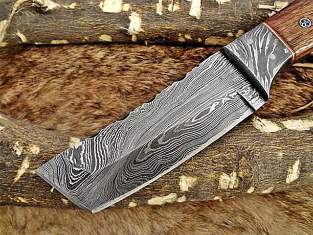 Alt view image 3 of 4 - 8" Long hand forged Damascus steel full tang Tanto blade custom made hunting Knife, Rose wood with Damascus Bolster, Cow leather sheath