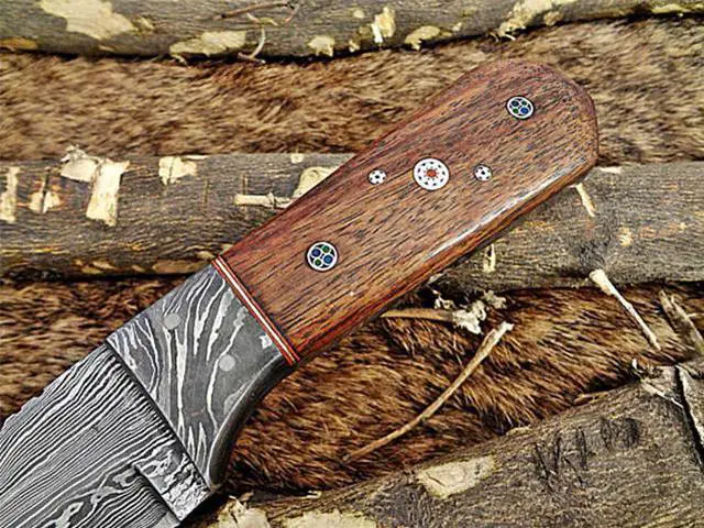 Alt view image 4 of 4 - 8" Long hand forged Damascus steel full tang Tanto blade custom made hunting Knife, Rose wood with Damascus Bolster, Cow leather sheath