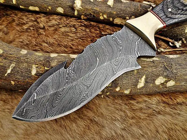 Alt view image 5 of 7 - 9" Long hand forged Damascus steel full tang skinning Knife with gut hook, 2 tone Dollar wood with Brass Bolster, Cow hide Leather sheath