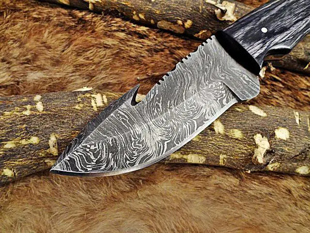 Alt view image 4 of 6 - 8" Long skinning knife, 4" full tang gut hook blade, hand forged Damascus steel, 2 tone Dollar wood scale, Cow Leather sheath