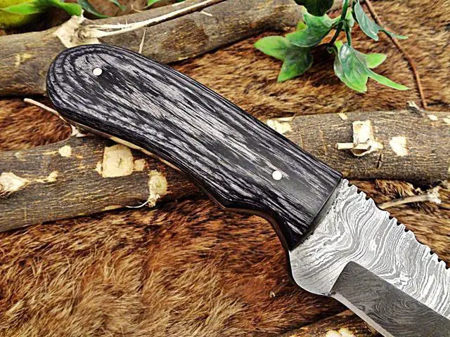 Alt view image 5 of 6 - 8" Long skinning knife, 4" full tang gut hook blade, hand forged Damascus steel, 2 tone Dollar wood scale, Cow Leather sheath