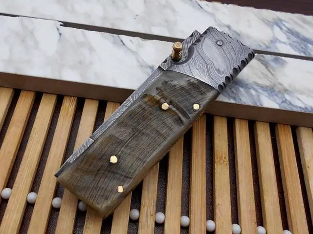 Alt view image 2 of 6 - Damascus steel 7.5" long Folding Knife Ram horn with Damascus bolster scale, custom made 3" Hand Forged blade cow hide leather sheath
