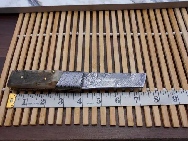 Alt view image 6 of 6 - Damascus steel 7.5" long Folding Knife Ram horn with Damascus bolster scale, custom made 3" Hand Forged blade cow hide leather sheath