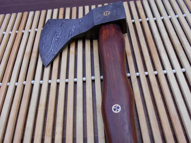 Alt view image 4 of 7 - Damascus steel tomahawk Axe bearded hiking battle axe14.5 Inches long Hand Forged with Rose wood round handle, thick cow hide leather sheath