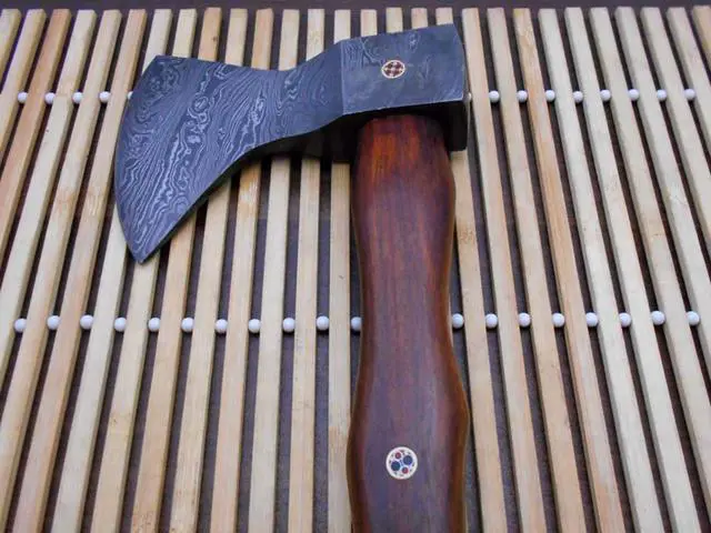 Alt view image 2 of 7 - Damascus steel tomahawk Axe bearded hiking battle axe14.5 Inches long Hand Forged with Rose wood round handle, thick cow hide leather sheath