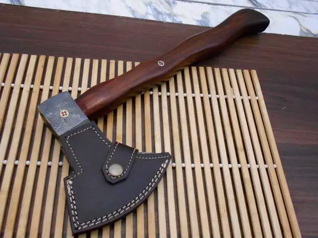 Alt view image 3 of 7 - Damascus steel tomahawk Axe bearded hiking battle axe14.5 Inches long Hand Forged with Rose wood round handle, thick cow hide leather sheath