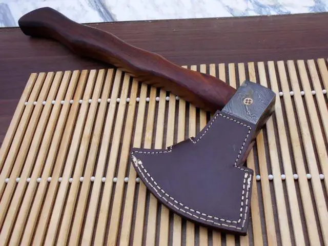 Alt view image 5 of 7 - Damascus steel tomahawk Axe bearded hiking battle axe14.5 Inches long Hand Forged with Rose wood round handle, thick cow hide leather sheath